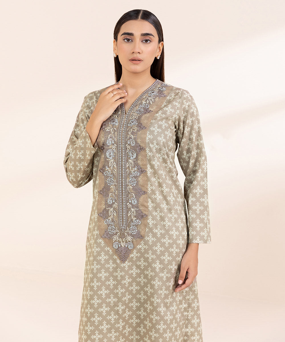 Women's Pret Cambric Beige Embroidered Straight Shirt