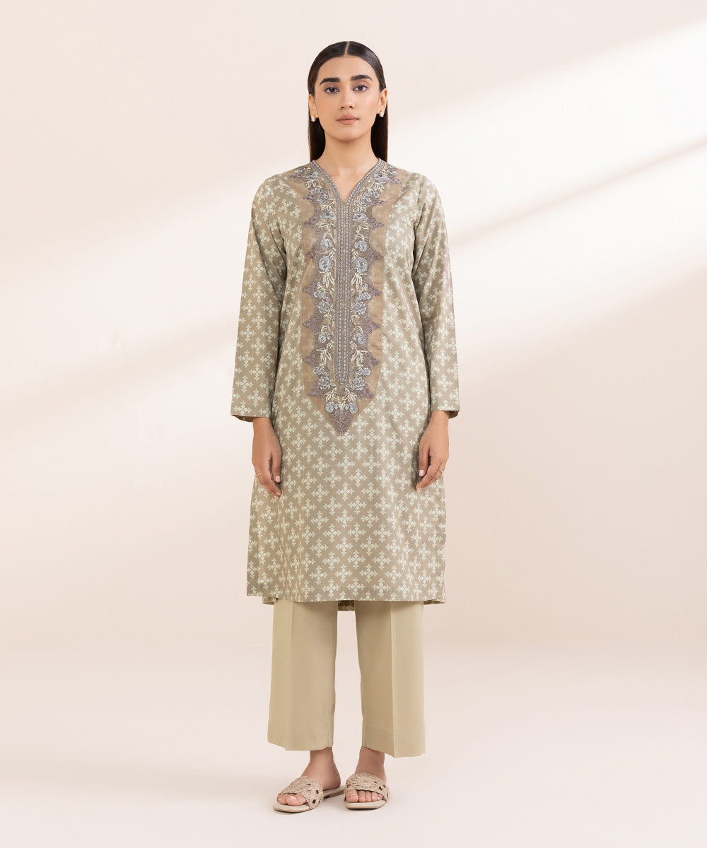 Women's Pret Cambric Beige Embroidered Straight Shirt