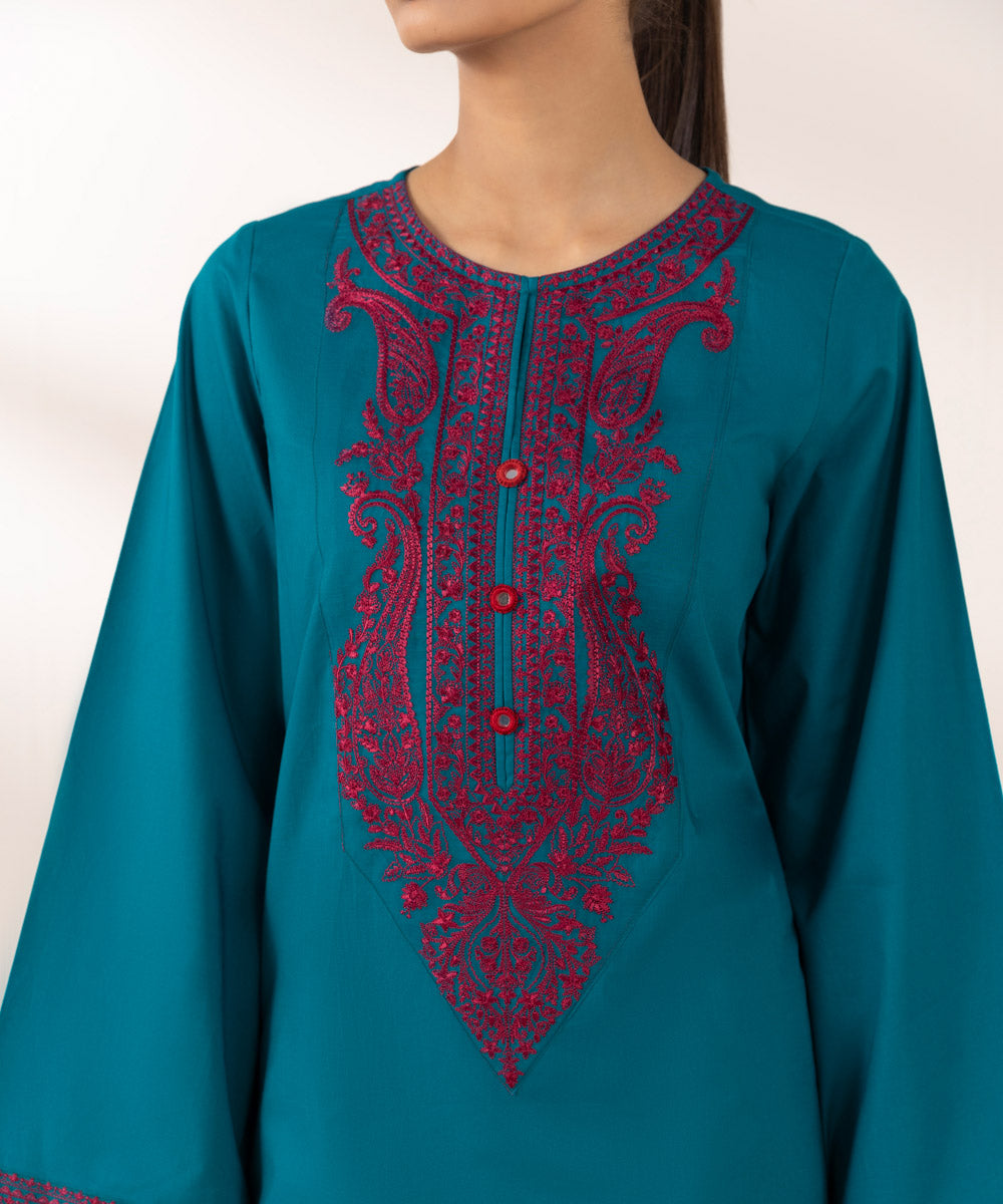 Women's Pret Cambric Embroidered Blue A-Line Shirt