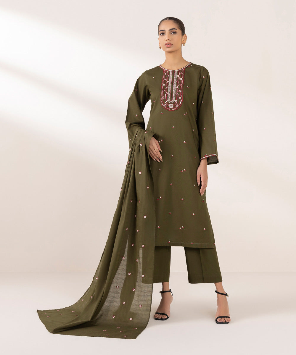 Textured Voile Green Embroidered Dupatta