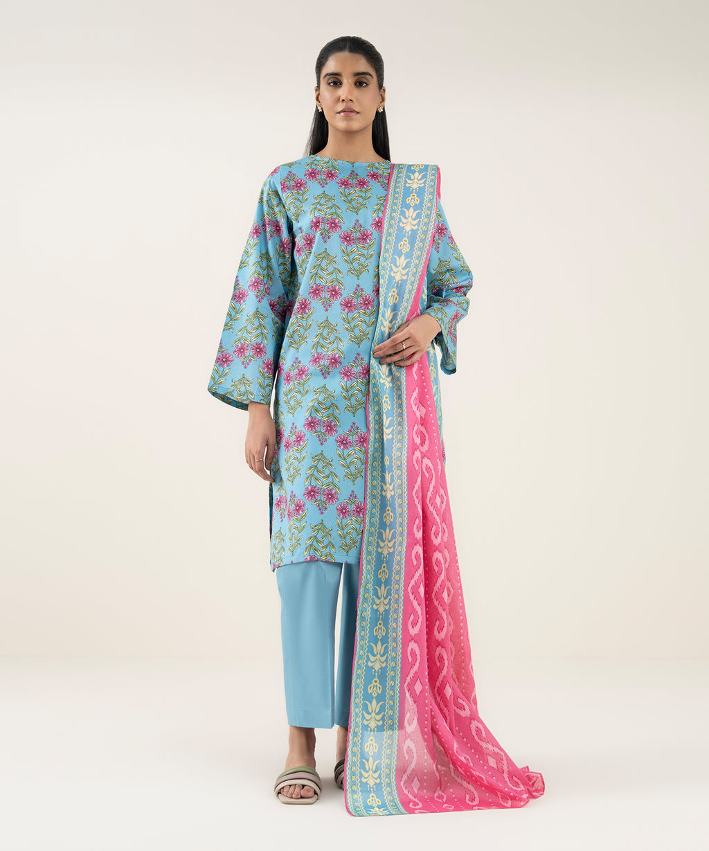 Women's Unstitched Lawn Printed Blue 3 Piece Suit