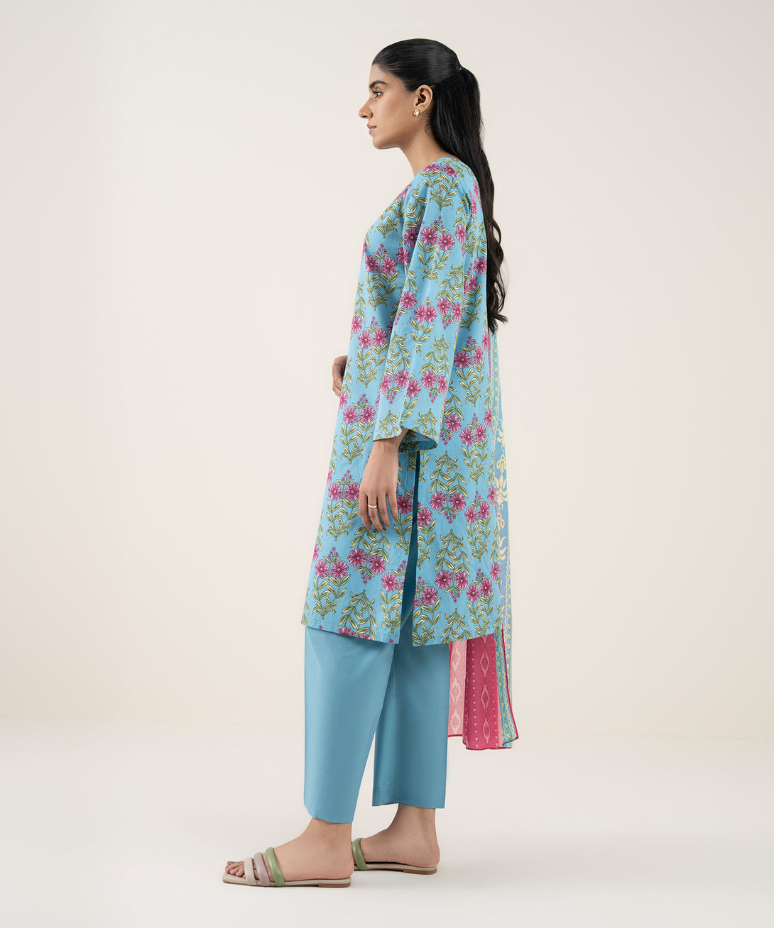 Women's Unstitched Lawn Printed Blue 3 Piece Suit