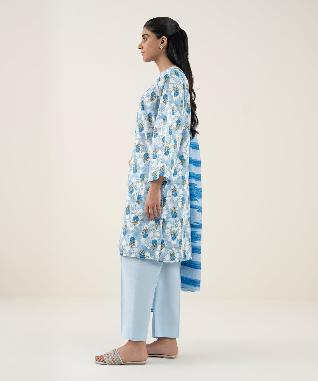 Women's Unstitched Lawn Printed Blue 3 Piece Suit