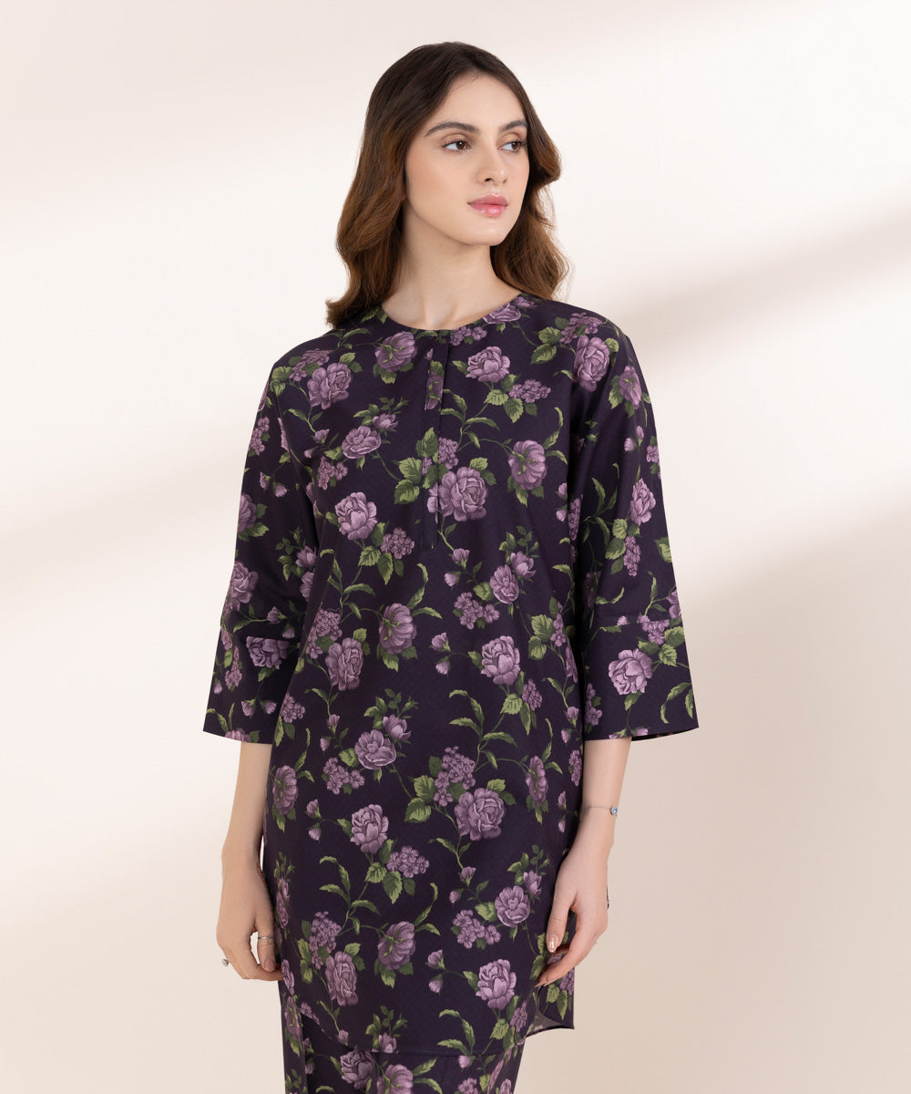 Women's RTW Lawn Purple Printed Drop Shoulder Shirt