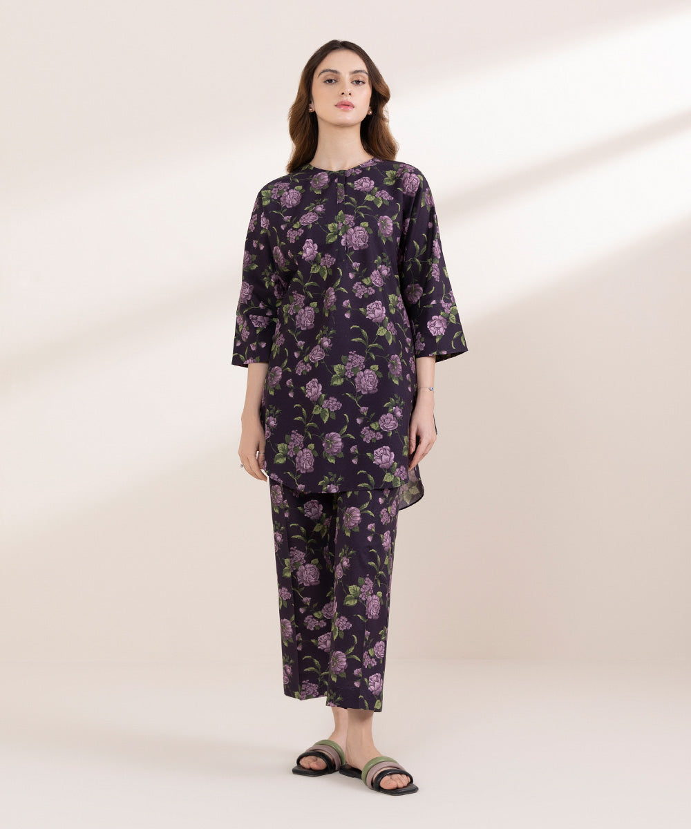 Women's RTW Lawn Purple Printed Drop Shoulder Shirt