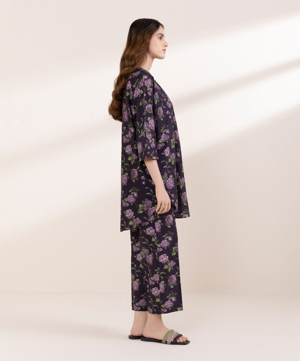 Women's RTW Lawn Purple Printed Drop Shoulder Shirt