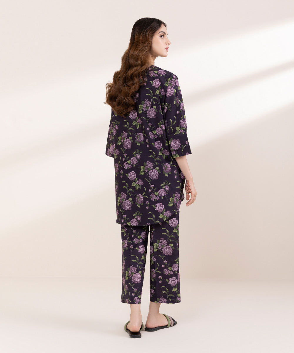 Women's RTW Lawn Purple Printed Drop Shoulder Shirt