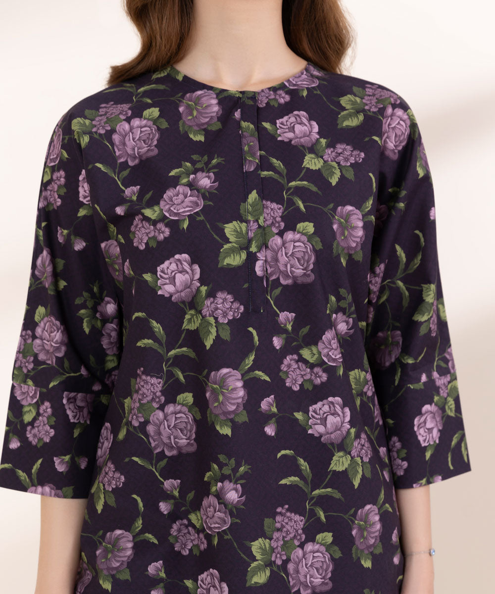 Women's RTW Lawn Purple Printed Drop Shoulder Shirt