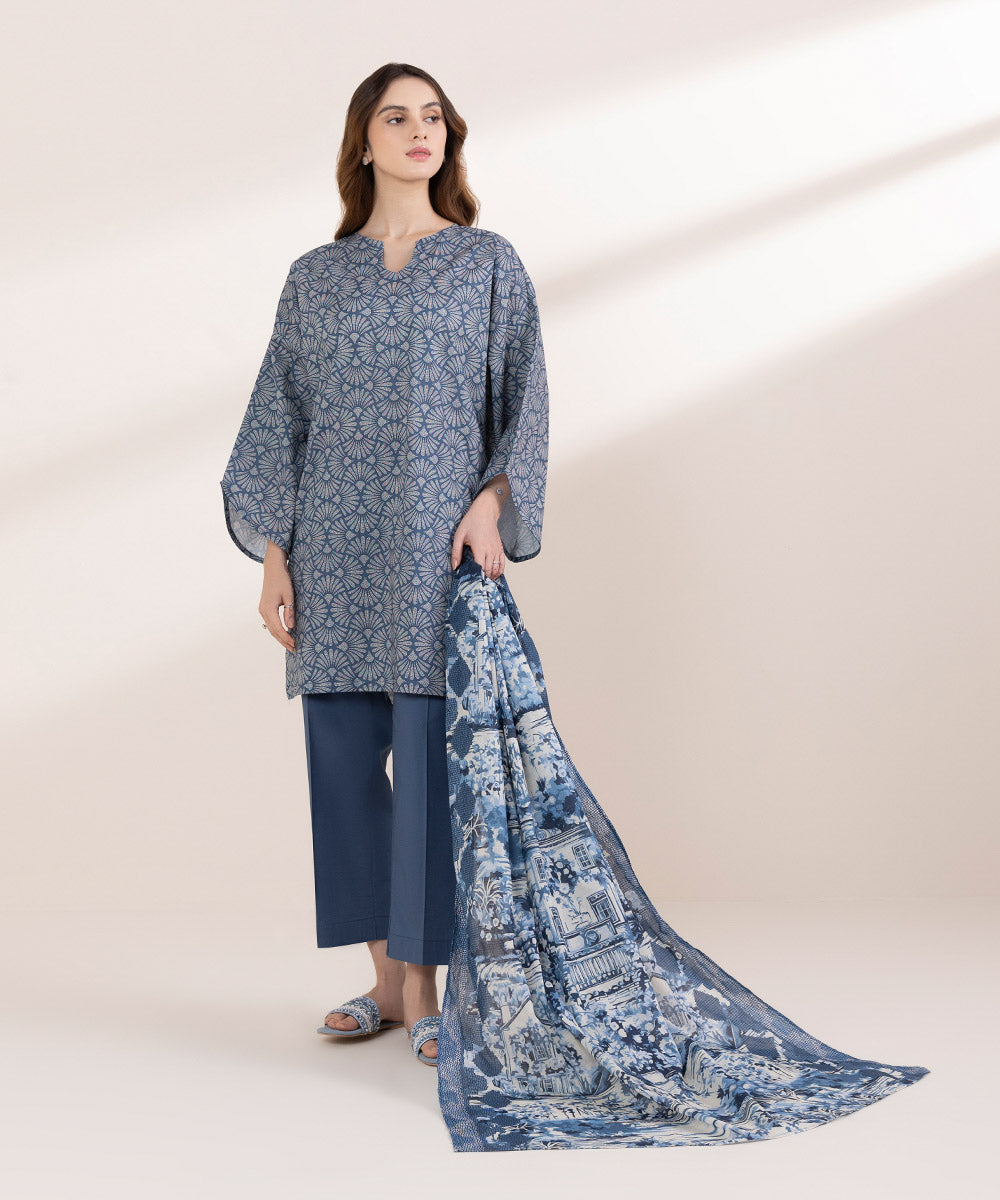Fine Voile Blue Printed Dupatta