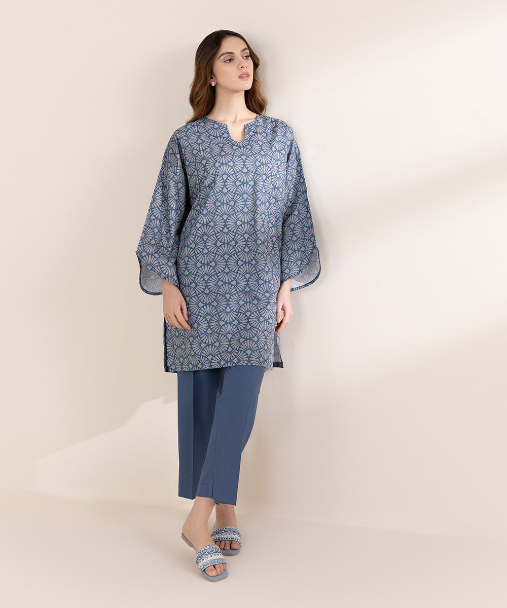 Women's RTW Lawn Blue Printed Boxy Shirt