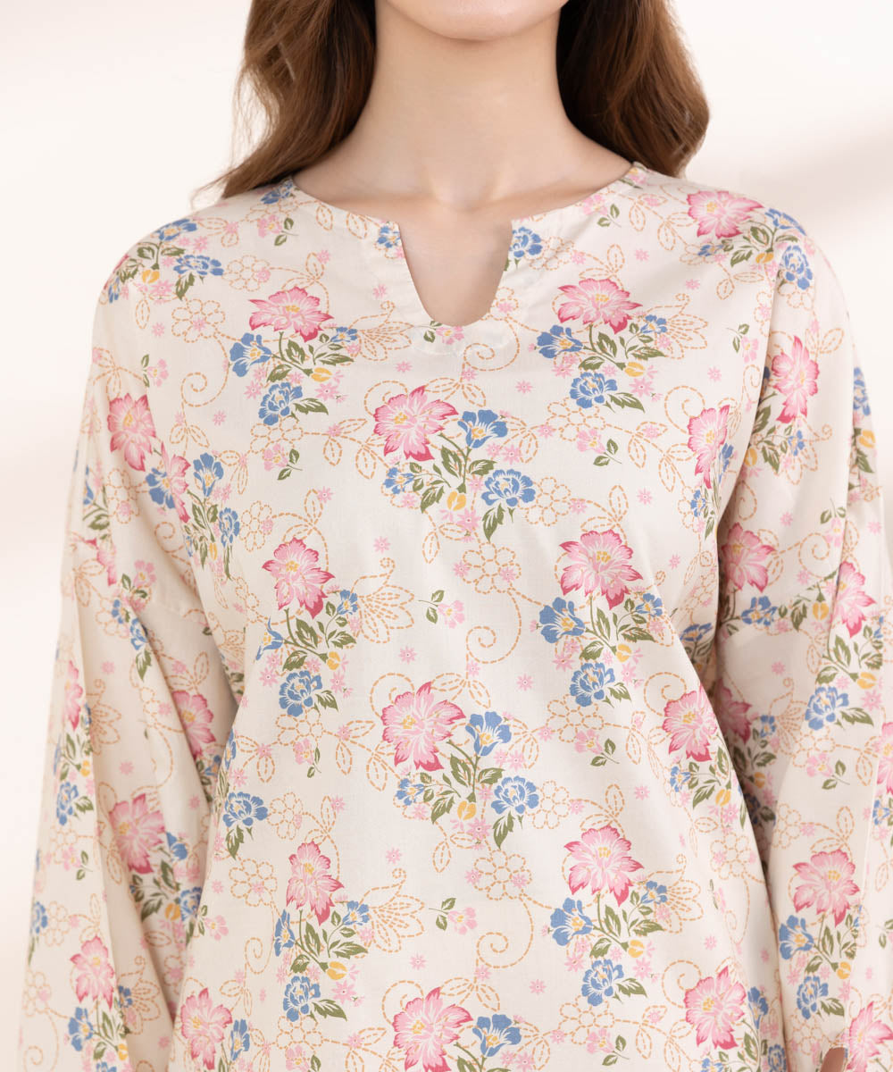 Women's RTW Lawn Off White Printed Boxy Shirt