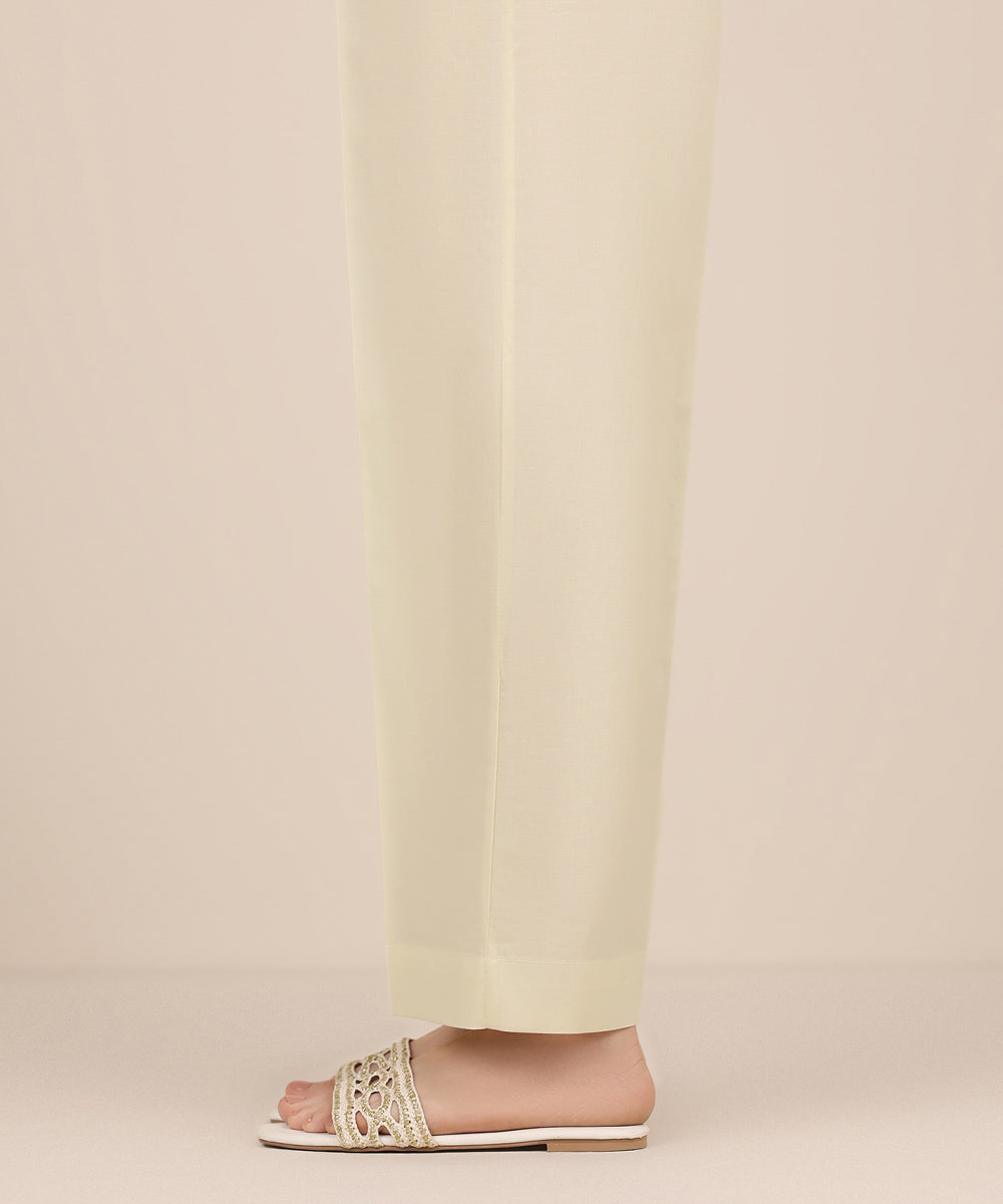 Women's RTW Cambric Off White Solid Straight Pants