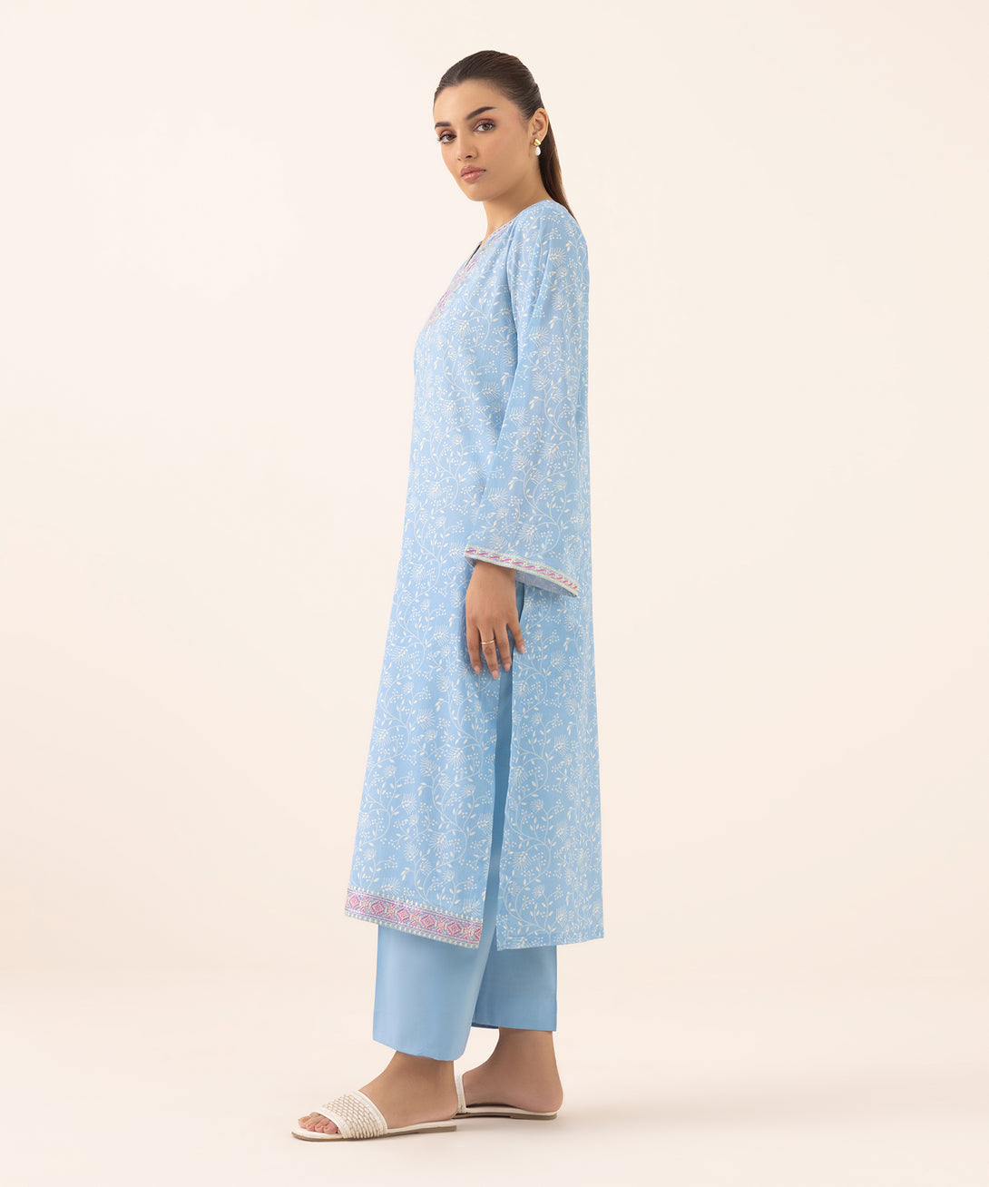 Women's RTW Lawn Blue Embroidered A-Line Shirt