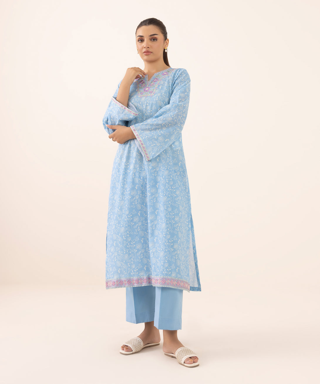 Women's RTW Lawn Blue Embroidered A-Line Shirt