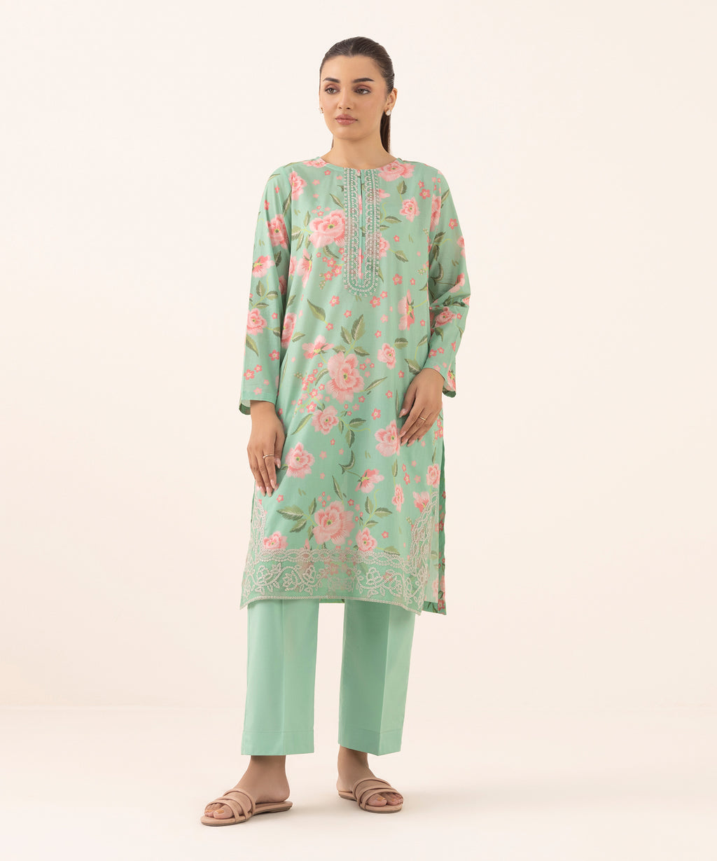 Women's RTW Lawn Green Embroidered A-Line Shirt