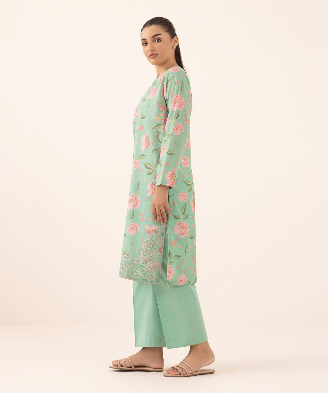 Women's RTW Lawn Green Embroidered A-Line Shirt