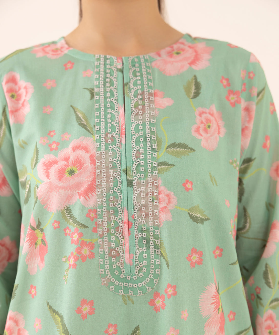Women's RTW Lawn Green Embroidered A-Line Shirt