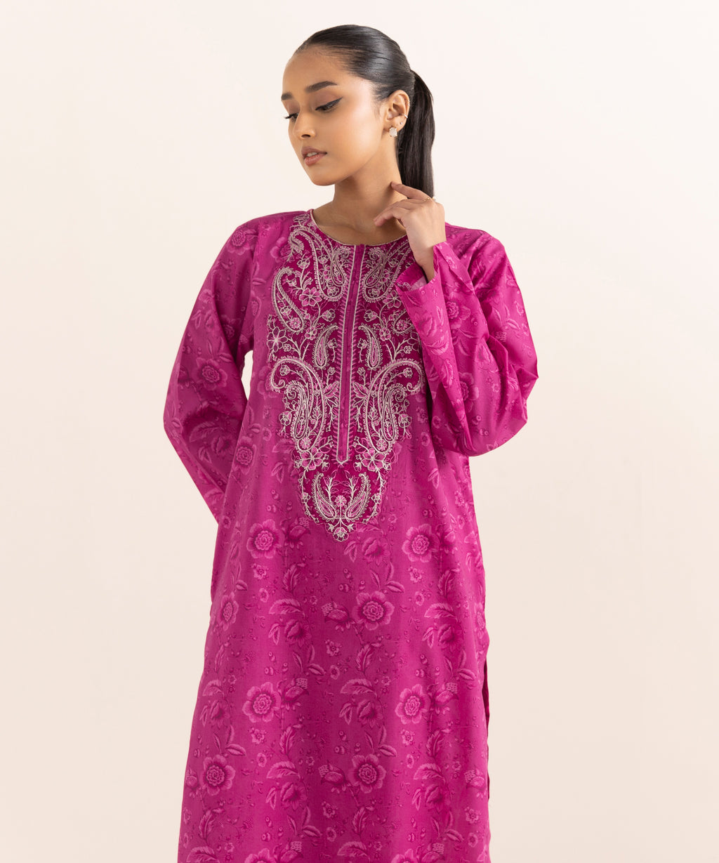 Women's RTW Lawn Pink Embroidered A-Line Shirt
