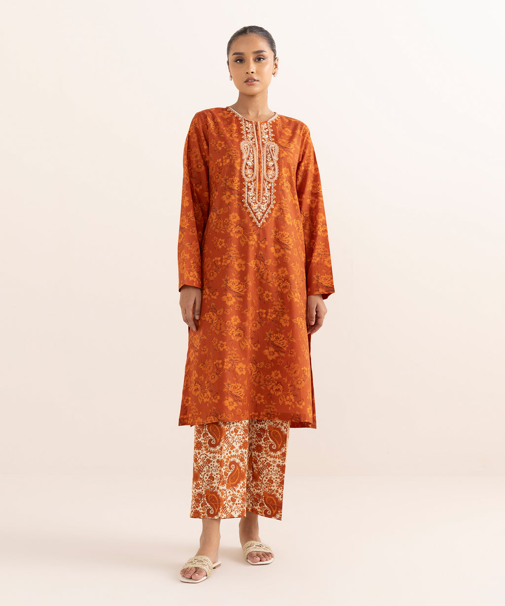 Women's RTW Lawn Orange Embroidered A-Line Shirt