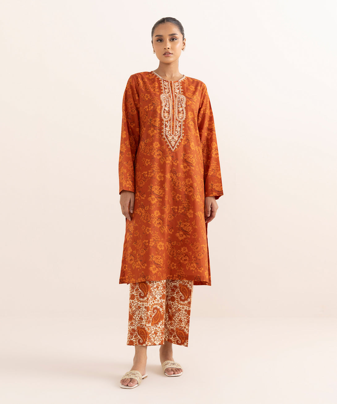 Women's RTW Lawn Orange Embroidered A-Line Shirt