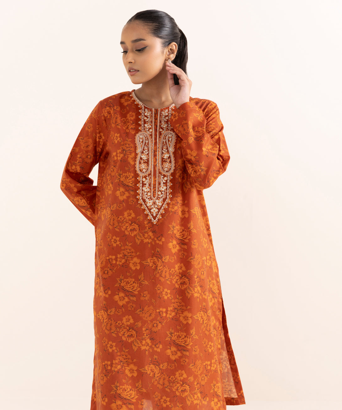 Women's RTW Lawn Orange Embroidered A-Line Shirt