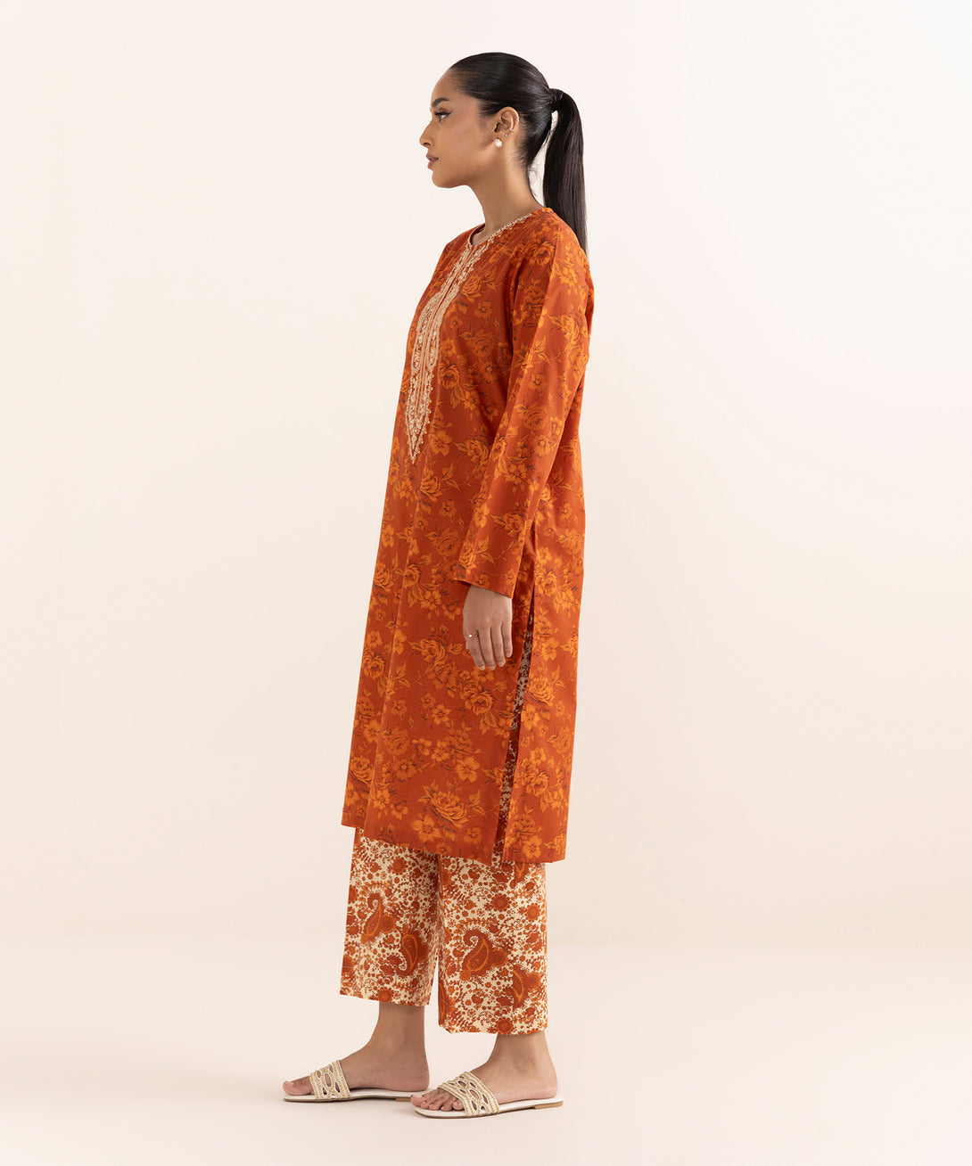 Women's RTW Lawn Orange Embroidered A-Line Shirt