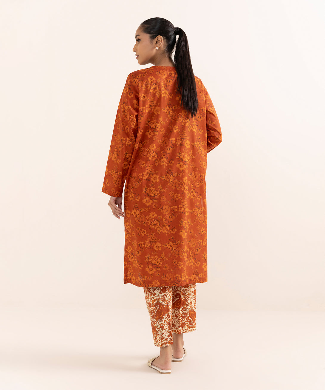 Women's RTW Lawn Orange Embroidered A-Line Shirt