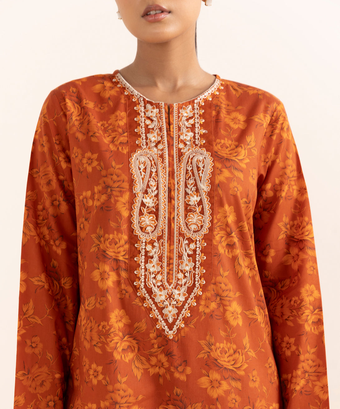 Women's RTW Lawn Orange Embroidered A-Line Shirt