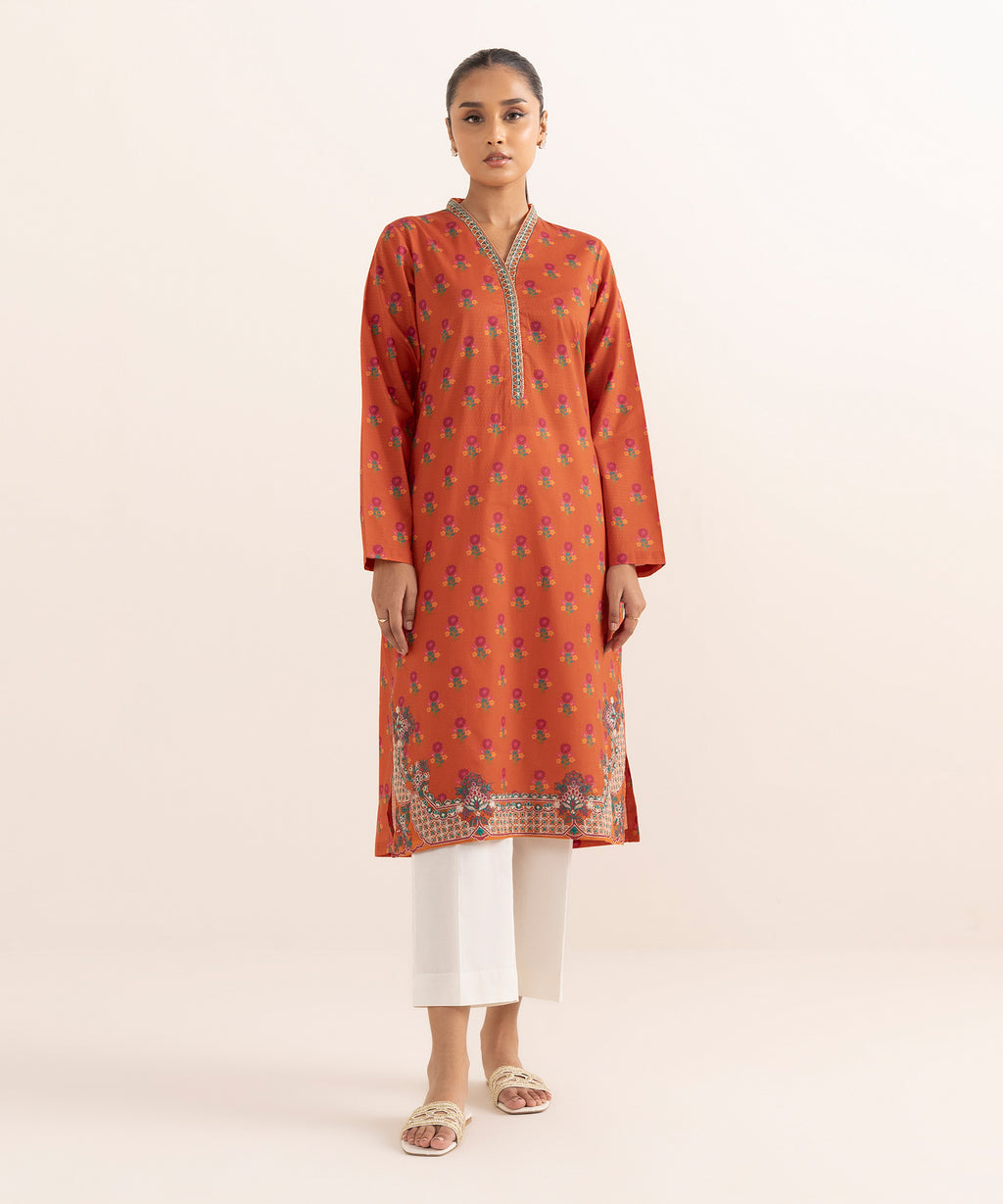 Women's RTW Dobby Orange Embroidered A-Line Shirt