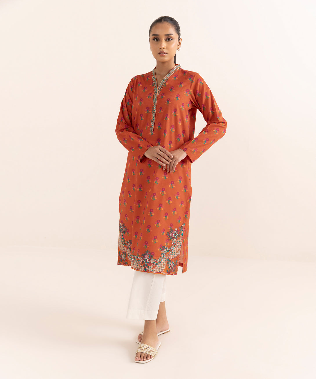Women's RTW Dobby Orange Embroidered A-Line Shirt