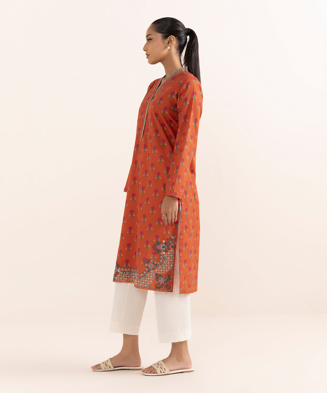 Women's RTW Dobby Orange Embroidered A-Line Shirt