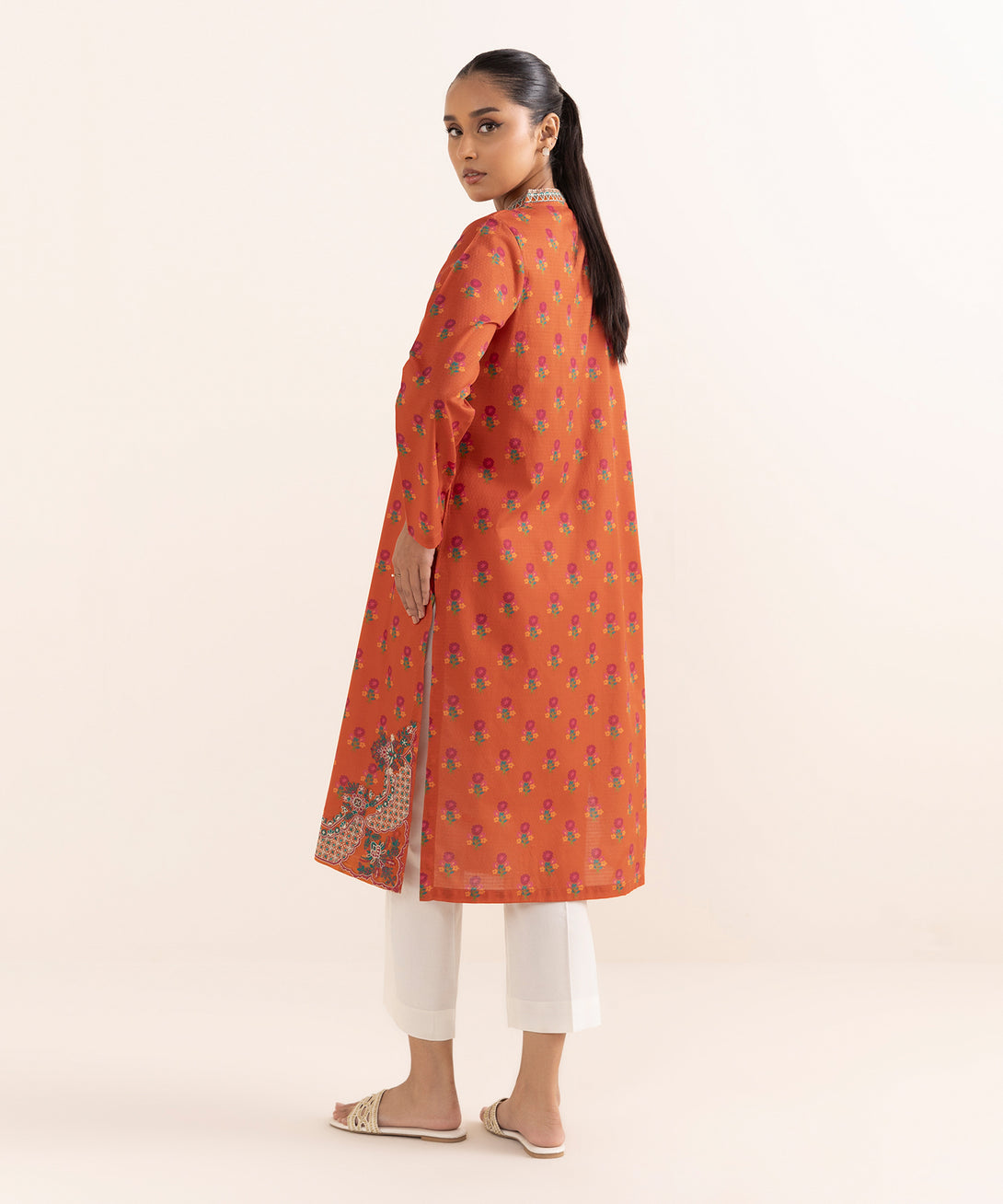 Women's RTW Dobby Orange Embroidered A-Line Shirt