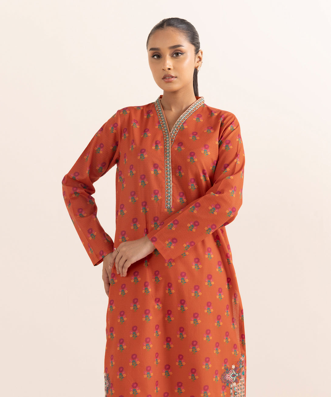 Women's RTW Dobby Orange Embroidered A-Line Shirt