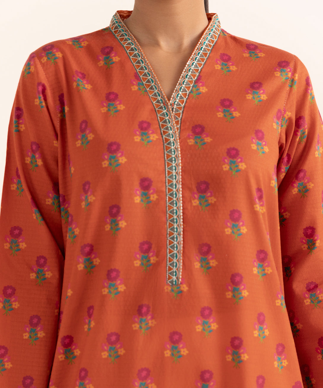 Women's RTW Dobby Orange Embroidered A-Line Shirt