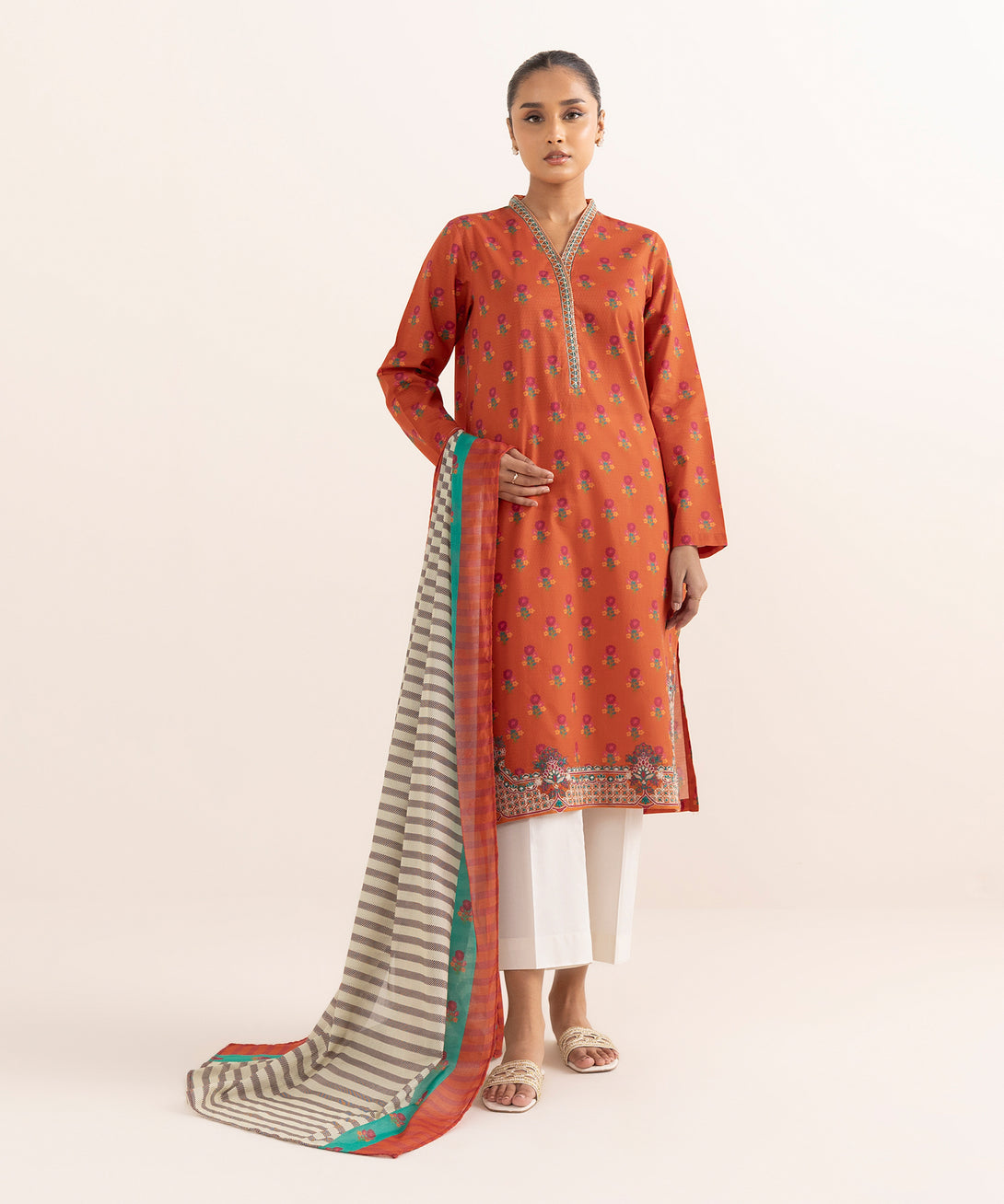 Women's RTW Dobby Orange Embroidered A-Line Shirt