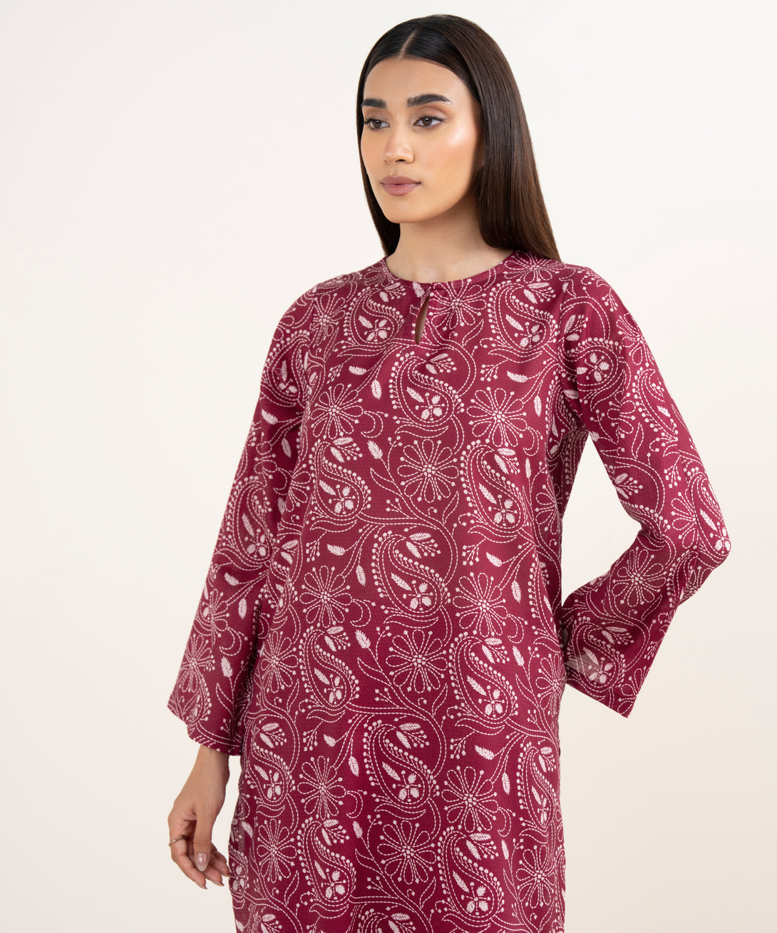 Women's RTW Dobby Red Printed A-Line Shirt
