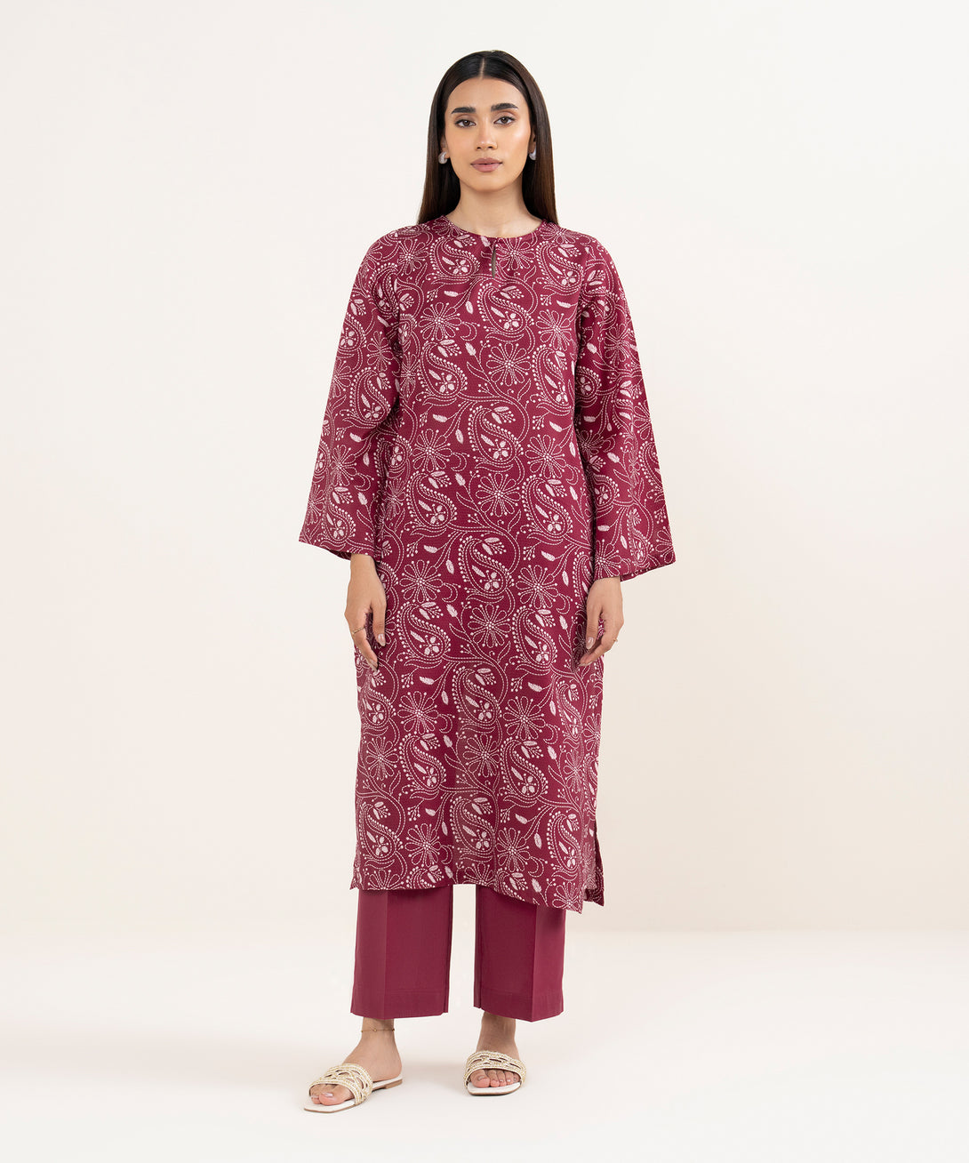 Women's RTW Dobby Red Printed A-Line Shirt