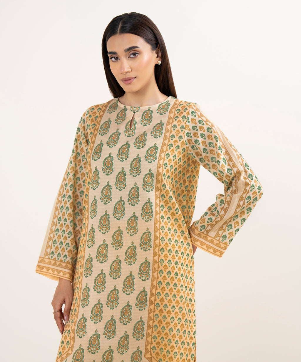 Women's RTW Dobby Beige Printed A-Line Shirt