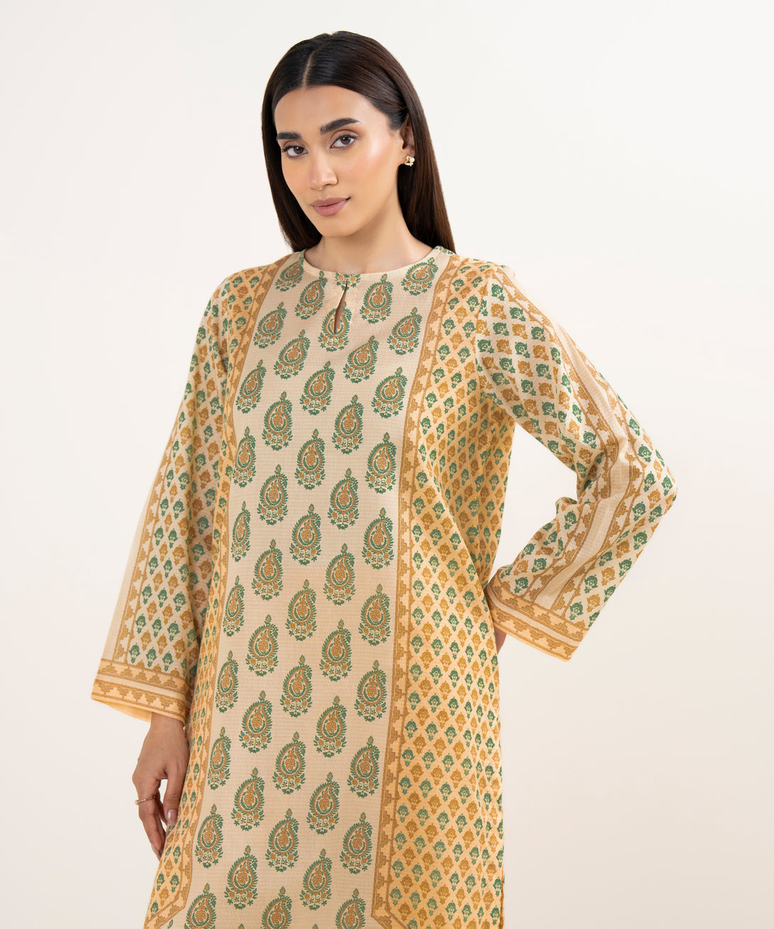 Women's RTW Dobby Beige Printed A-Line Shirt