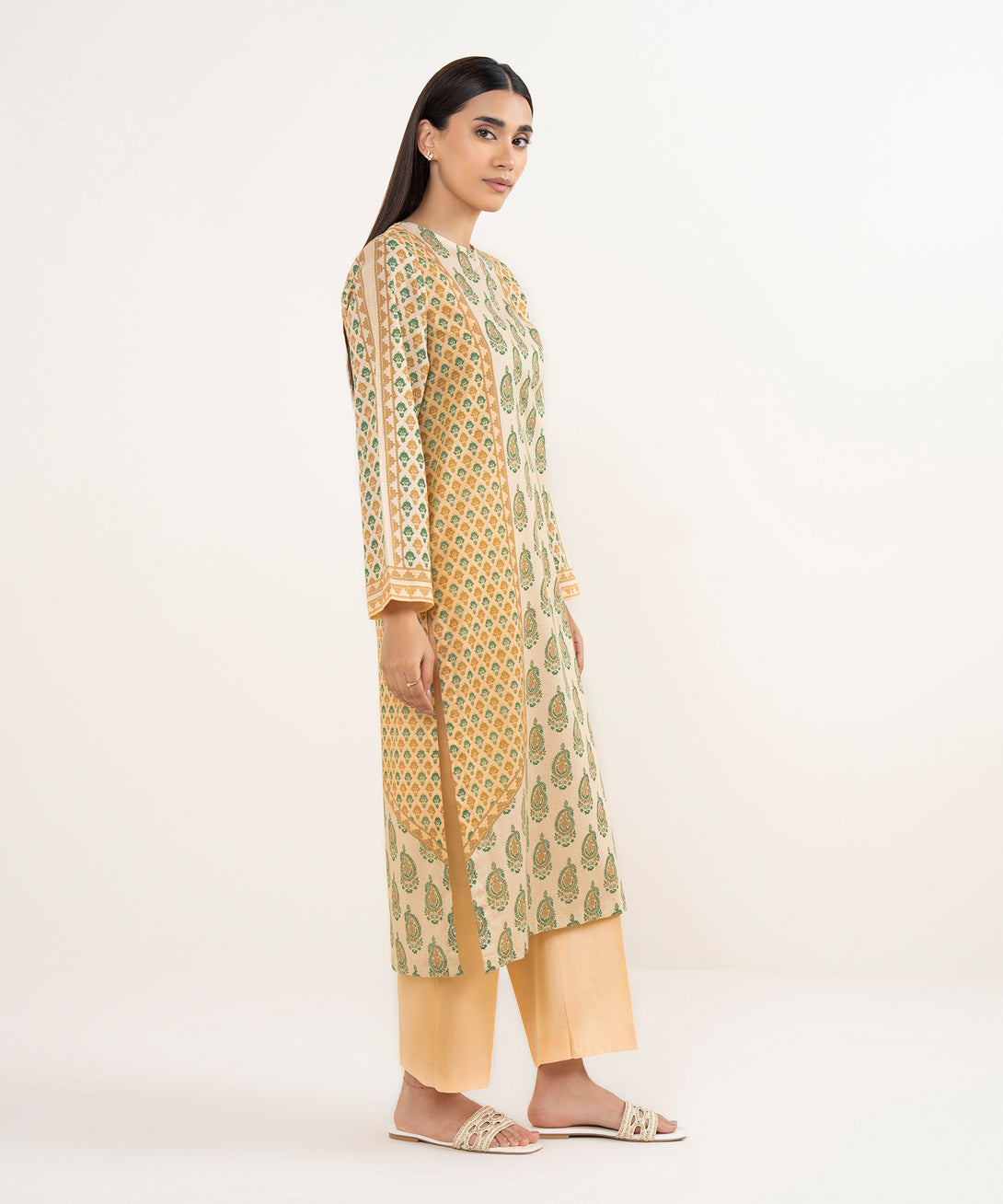 Women's RTW Dobby Beige Printed A-Line Shirt