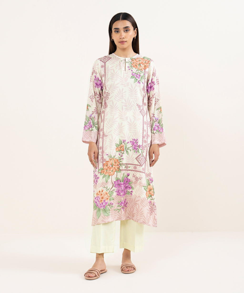 Women's RTW Arabic Lawn Off White Printed Straight Shirt