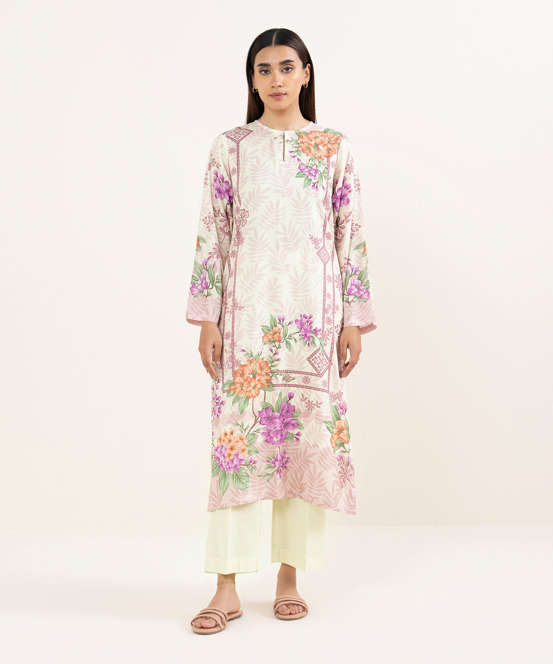 Women's RTW Arabic Lawn Off White Printed Straight Shirt