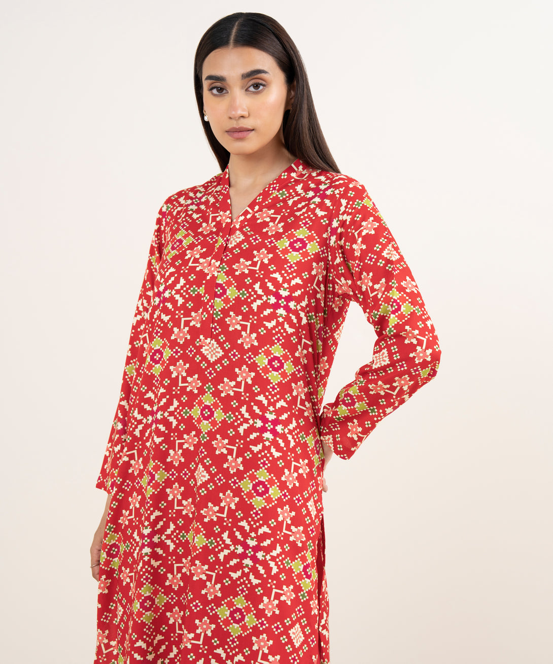 Women's RTW Arabic Lawn Red Printed Straight Shirt