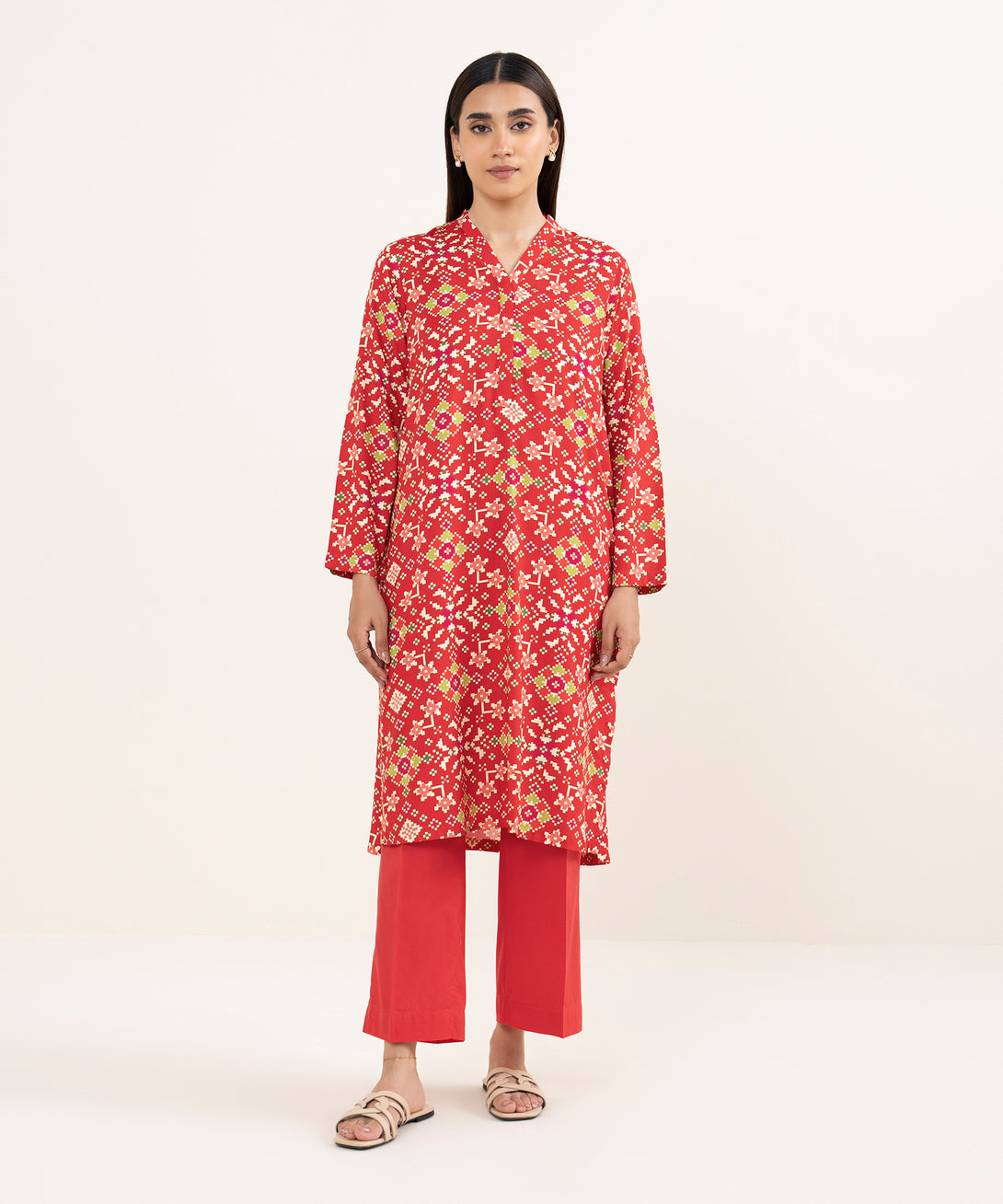 Women's RTW Arabic Lawn Red Printed Straight Shirt