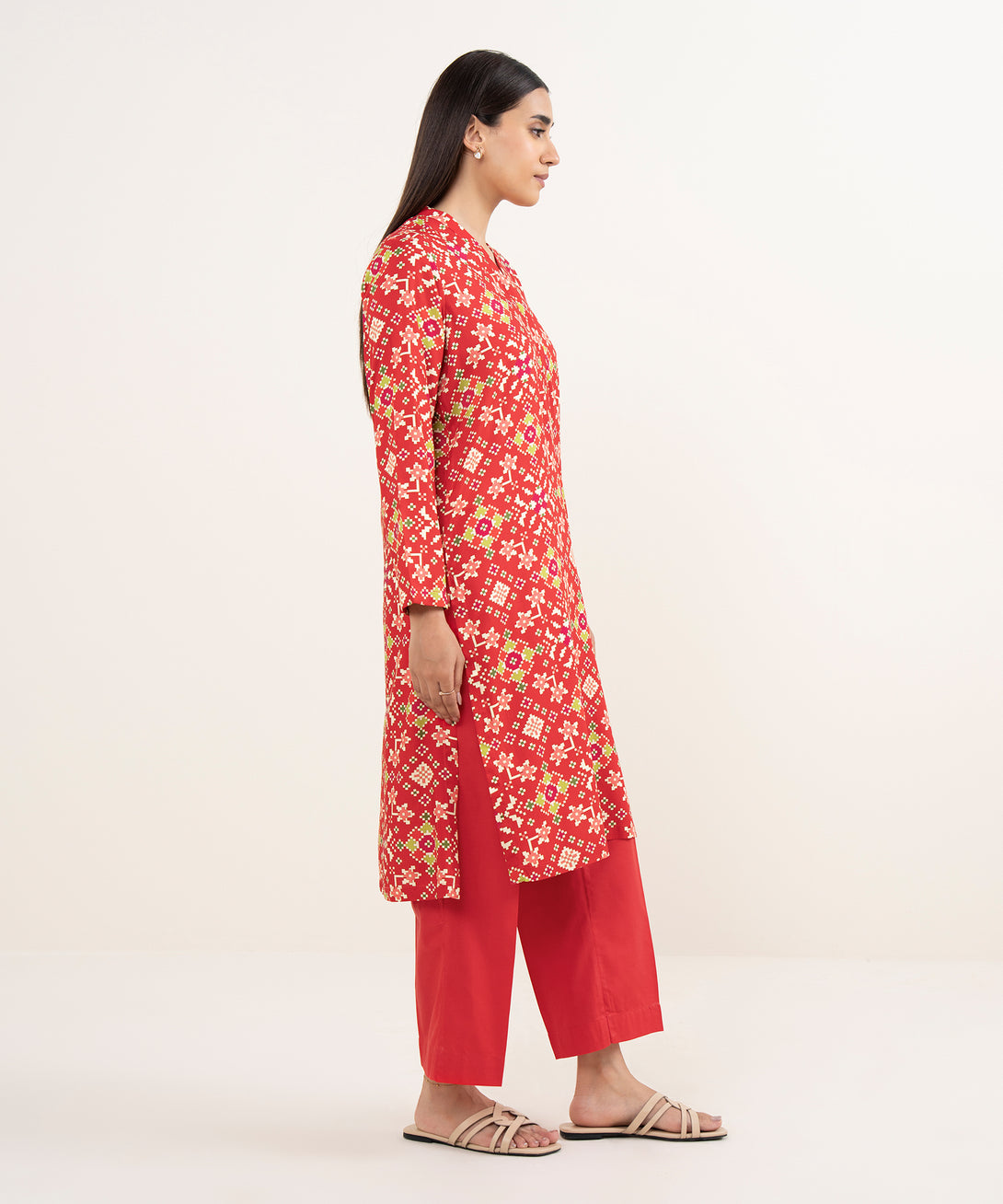 Women's RTW Arabic Lawn Red Printed Straight Shirt