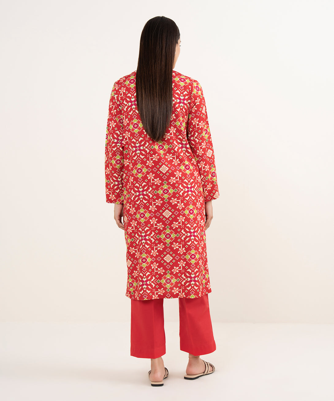 Women's RTW Arabic Lawn Red Printed Straight Shirt