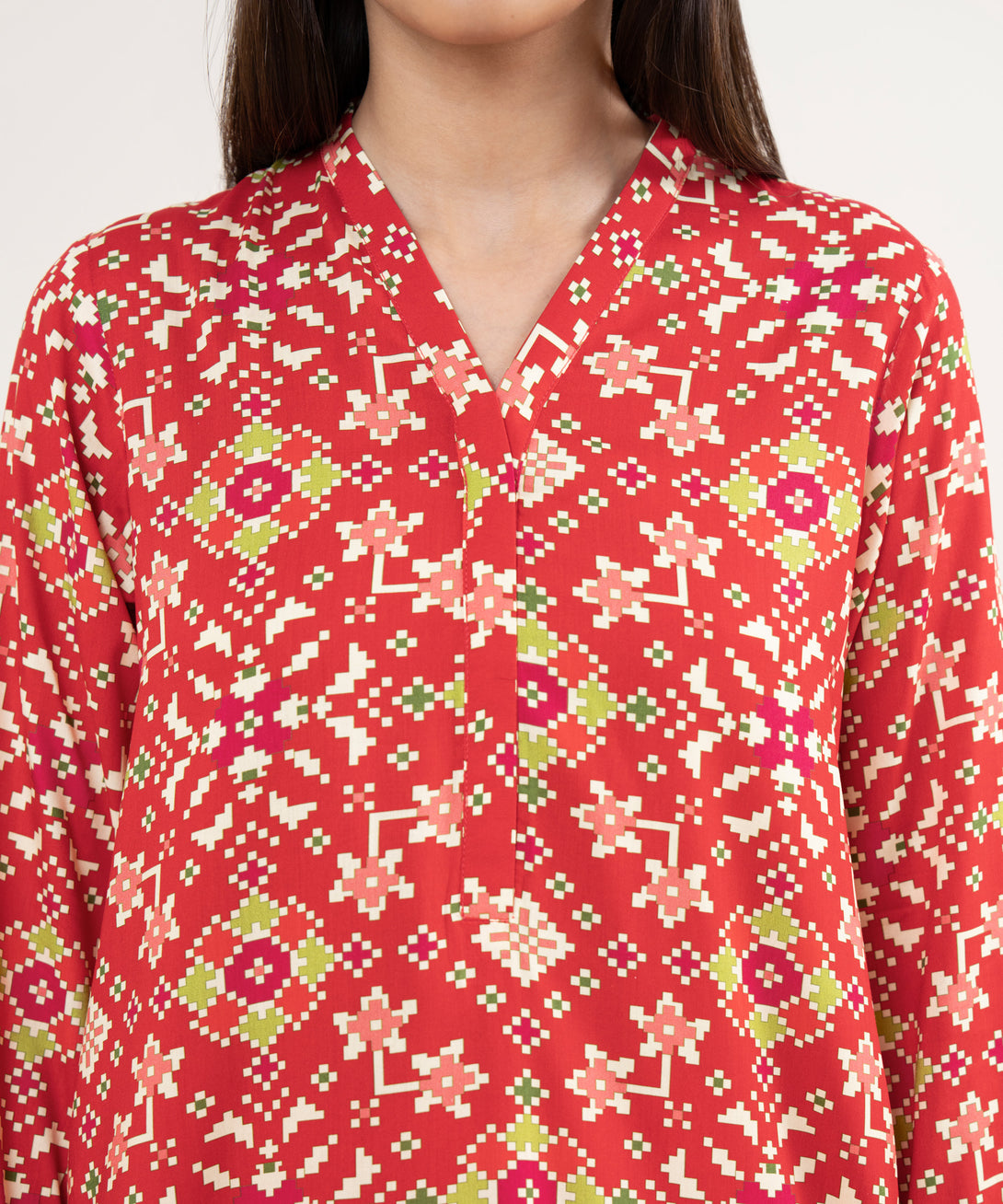 Women's RTW Arabic Lawn Red Printed Straight Shirt