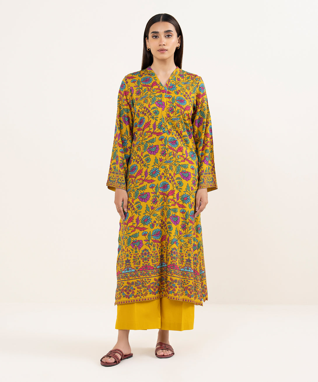 Women's RTW Arabic Lawn Mustard Printed Straight Shirt