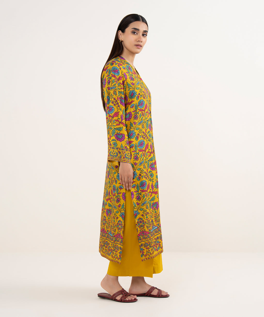 Women's RTW Arabic Lawn Mustard Printed Straight Shirt