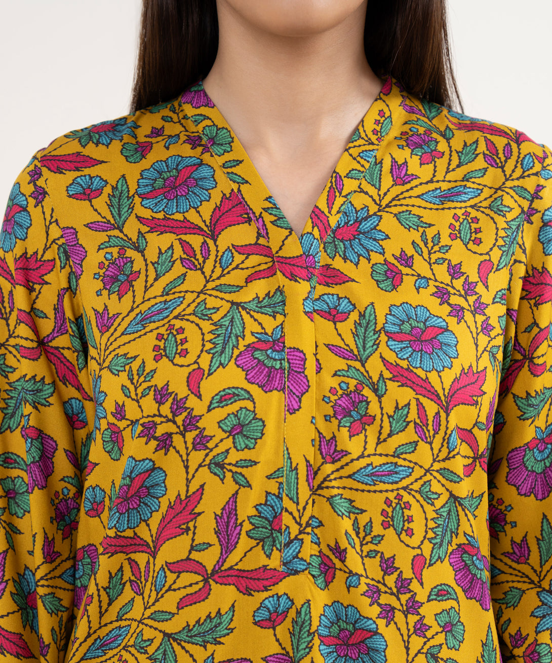 Women's RTW Arabic Lawn Mustard Printed Straight Shirt